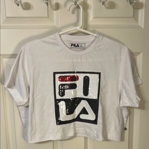 Fila White Short Sleeve Cropped Tee with Sequin Graphic Design